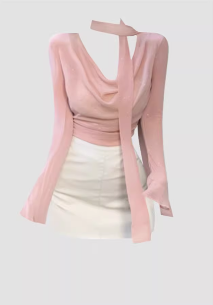 Pure desire style mesh fine flashing collar long-sleeved top 2025 hot girl hip skirt suit R1197