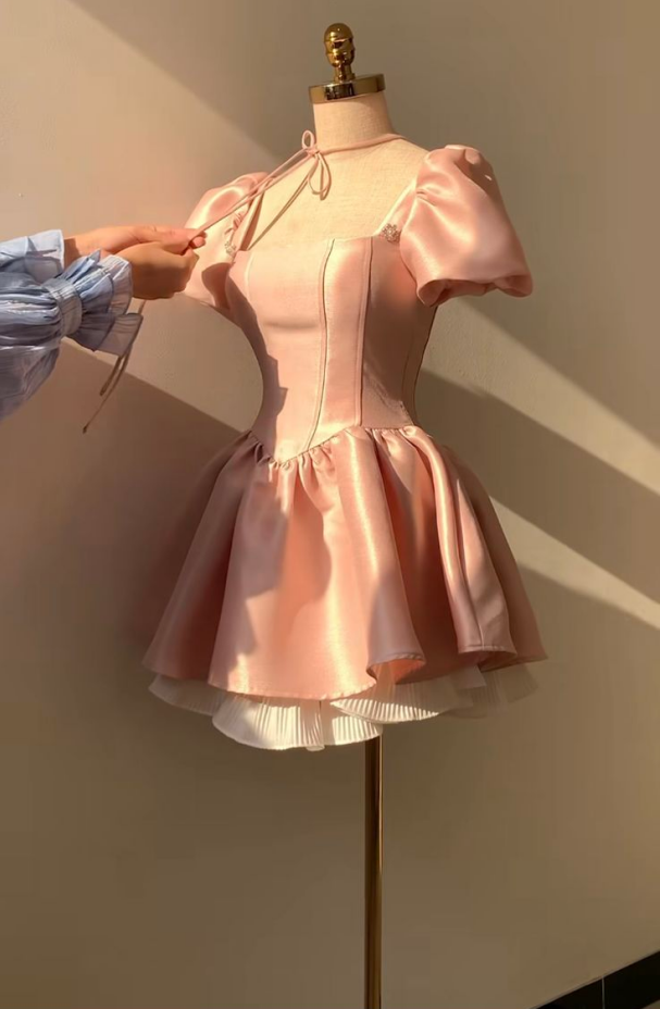 Pink satin square neck waist slim A-line princess skirt homecoming dress R3368