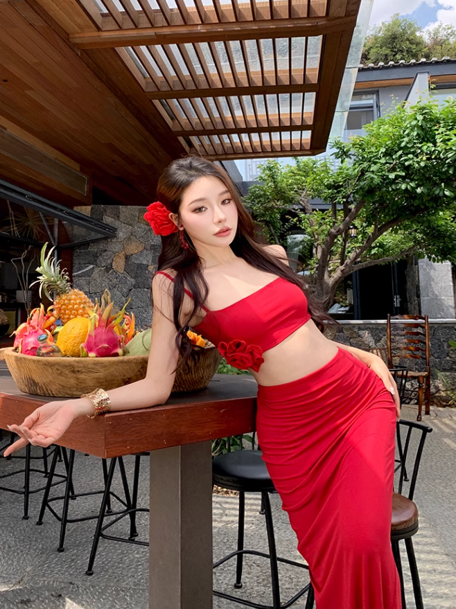 Beach Outfit Red Hip-hugging Skirt Two-piece Set Atmosphere Holiday Beach Skirt R1613
