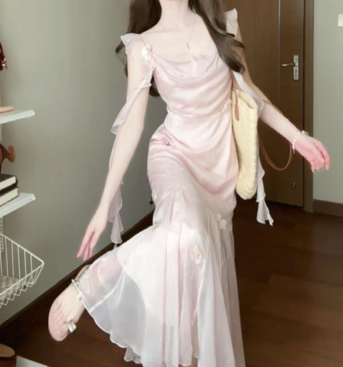 Pink small flying sleeve dress beautiful fairy dress medium length R0700