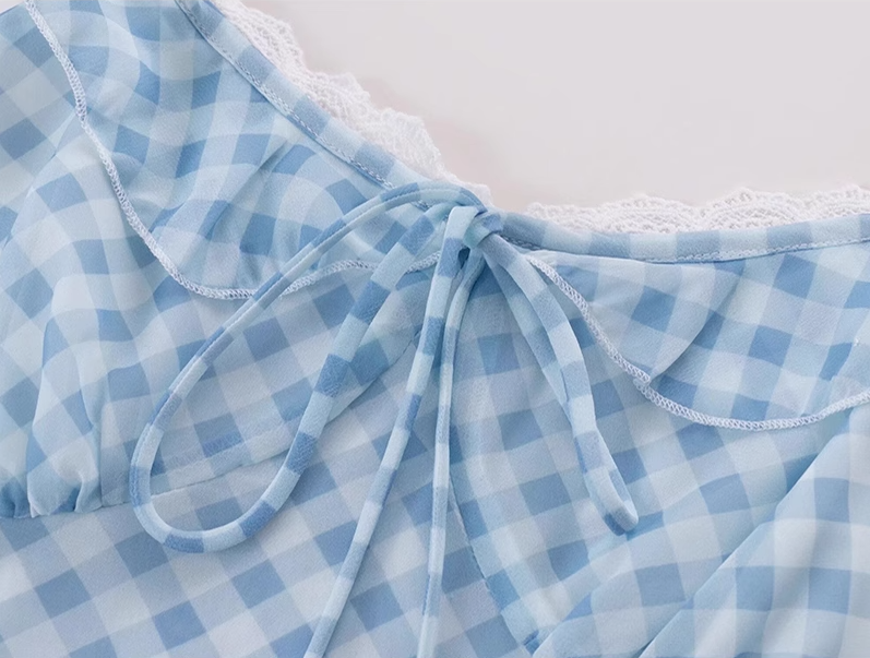 2025 Summer New Blue Plaid Lace Square Neck Short Sleeveless Dress R0969