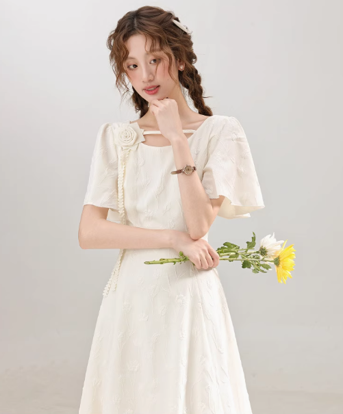 French gentle style apricot dress for women summer new waist slimming dress R1912