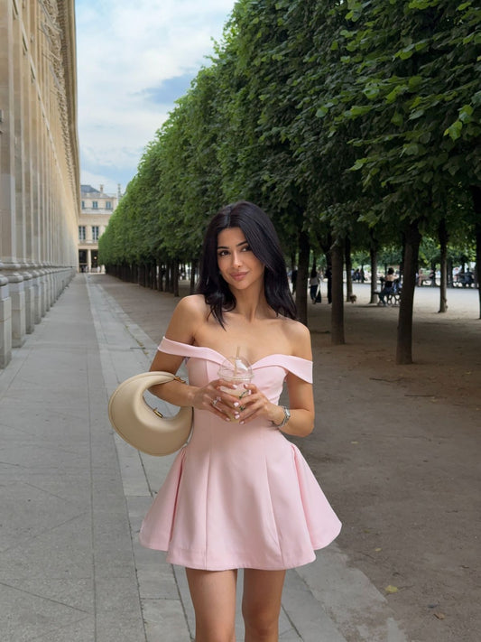 Pink gentle one-shoulder waist slimming A-line short skirt homecoming dress R3538