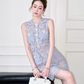 Blue elegant lace flower exquisite diamond sleeveless small Chanel style dress A-line skirt R4071