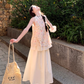 Gentle and pure daisy embroidered fake two-piece vest top with skirt suit R1745