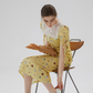 French yellow tea dress retro floral dress lace holiday dress for women R3558