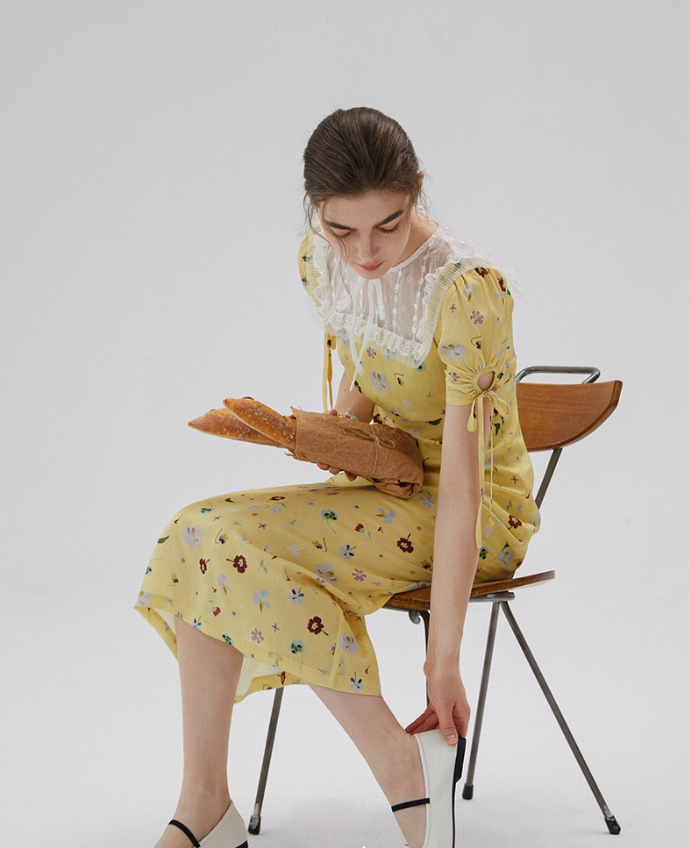 French yellow tea dress retro floral dress lace holiday dress for women R3558