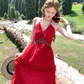 Red long v-neck off-shoulder waist halter dress summer French temperament sexy skirt R4579