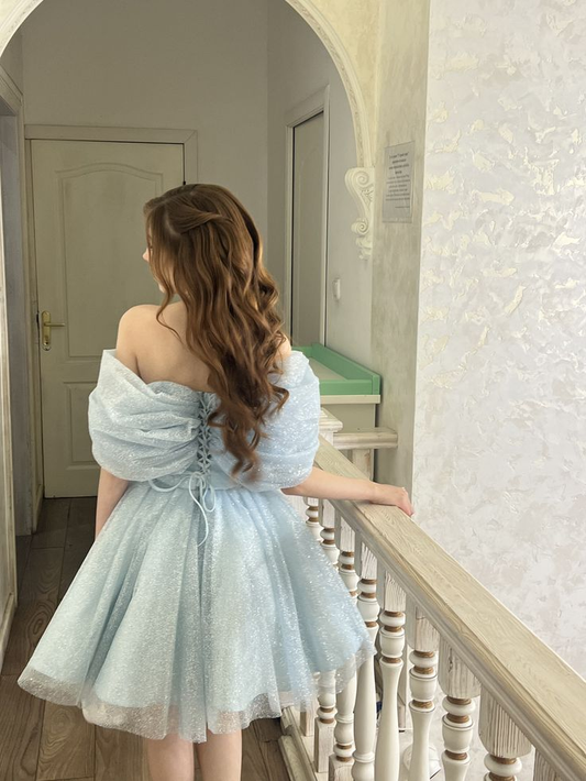 Glitter Tulle Women's Homecoming Dress Pale Blue Corset Short Prom Gown Birthday Dress RS3119