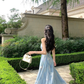 French style blue floral 3D lace waist dress R4295