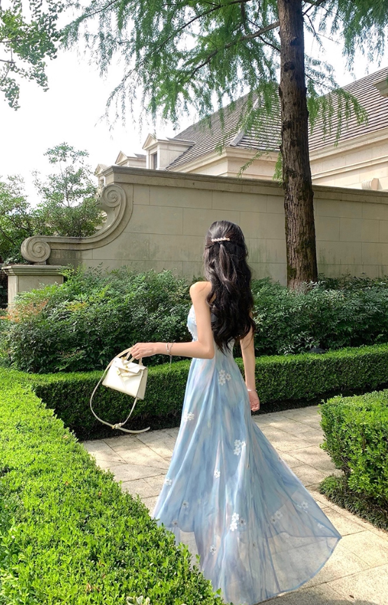 French style blue floral 3D lace waist dress R4295