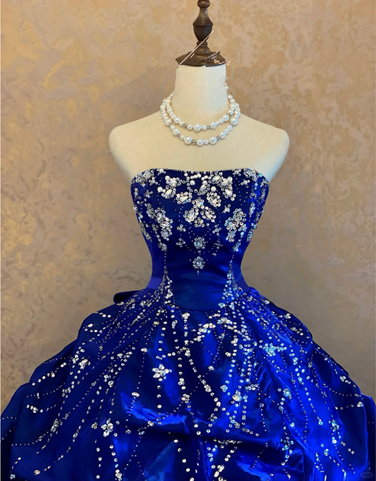 Blue halter-neck, fitted waist, elegant princess-style skirt ball gown, bridal dress R7244