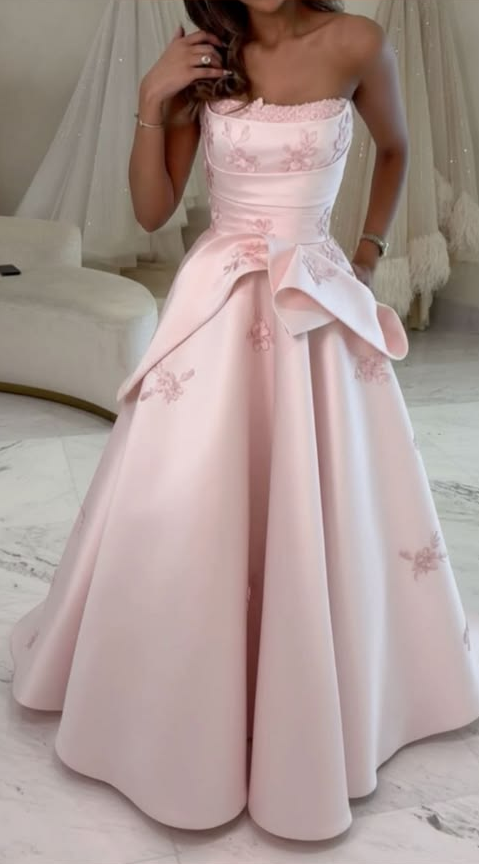 Silky Satin Applique Prom Gown Pink Women's Corset Maxi Evening Dress Ball Gown RS2872