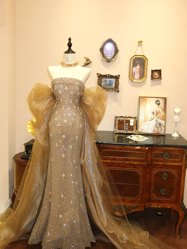 Gold strapless shawl fitted waist bodycon long wedding dress R6572