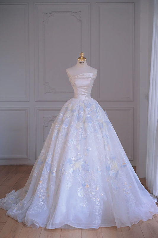 White tube top waist light blue puffy skirt long dress bridal dress R5854