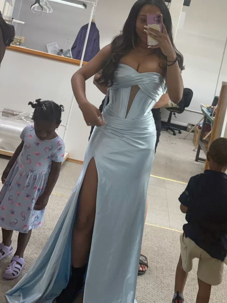 Light blue tube top waist fishbone sexy hip-wrapped maxi dress, prom dress R5382