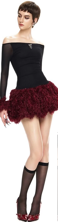 Black one-shoulder waist top with red fluffy flower skirt and homecoming dress R4755