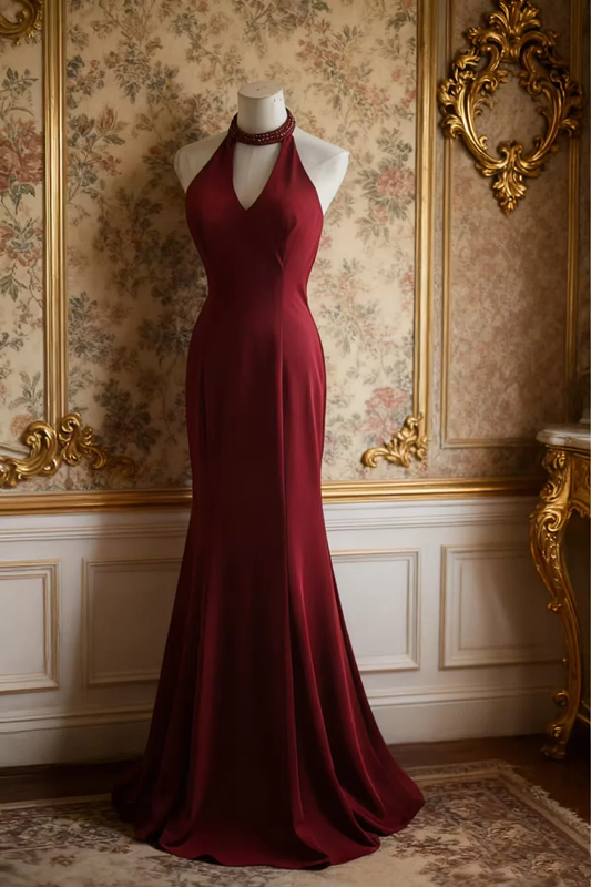 Red halter-neck, fitted waist, bodycon long ball gown R6692