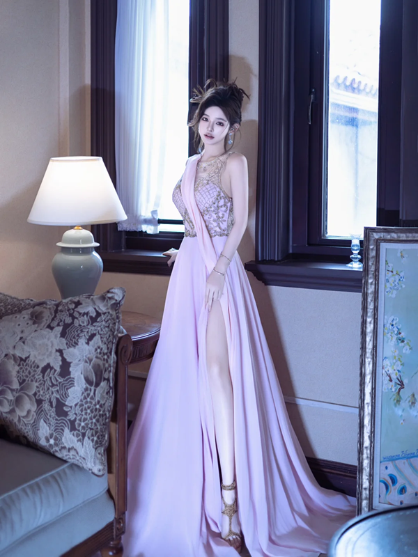 Light Purple Sleeveless Waist-Cinched Fitted High-Slit Sexy Floor-Length Prom Dress R7091