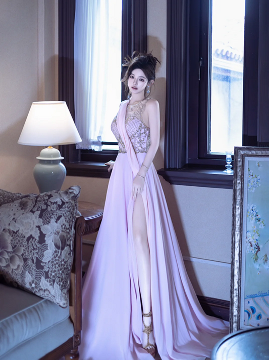 Light Purple Sleeveless Waist-Cinched Fitted High-Slit Sexy Floor-Length Prom Dress R7091