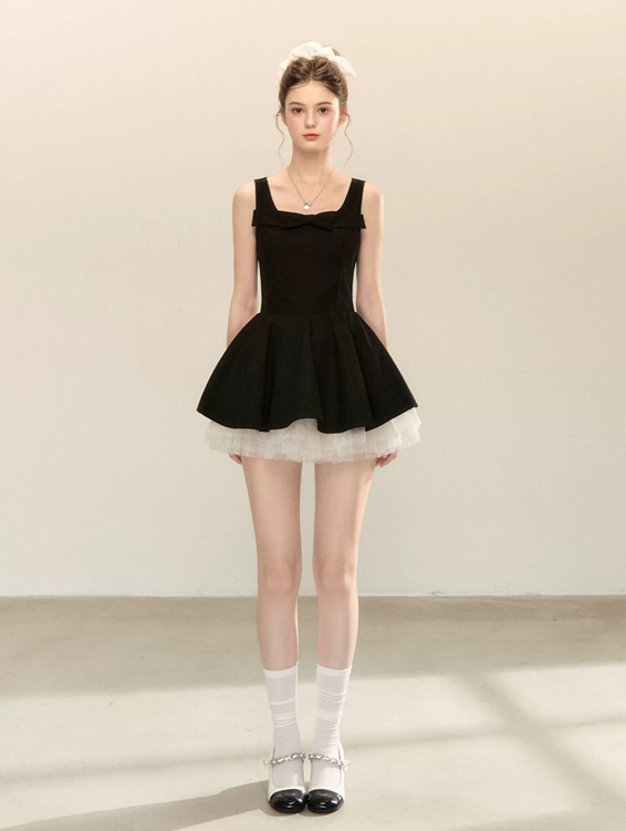 Coquette Bow Square Neck Flounce Dress with Sheer Tulle Layer R9216
