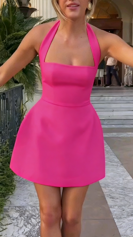 Light apricot halter neck slim waist A-line cute short skirt homecoming dress R3166