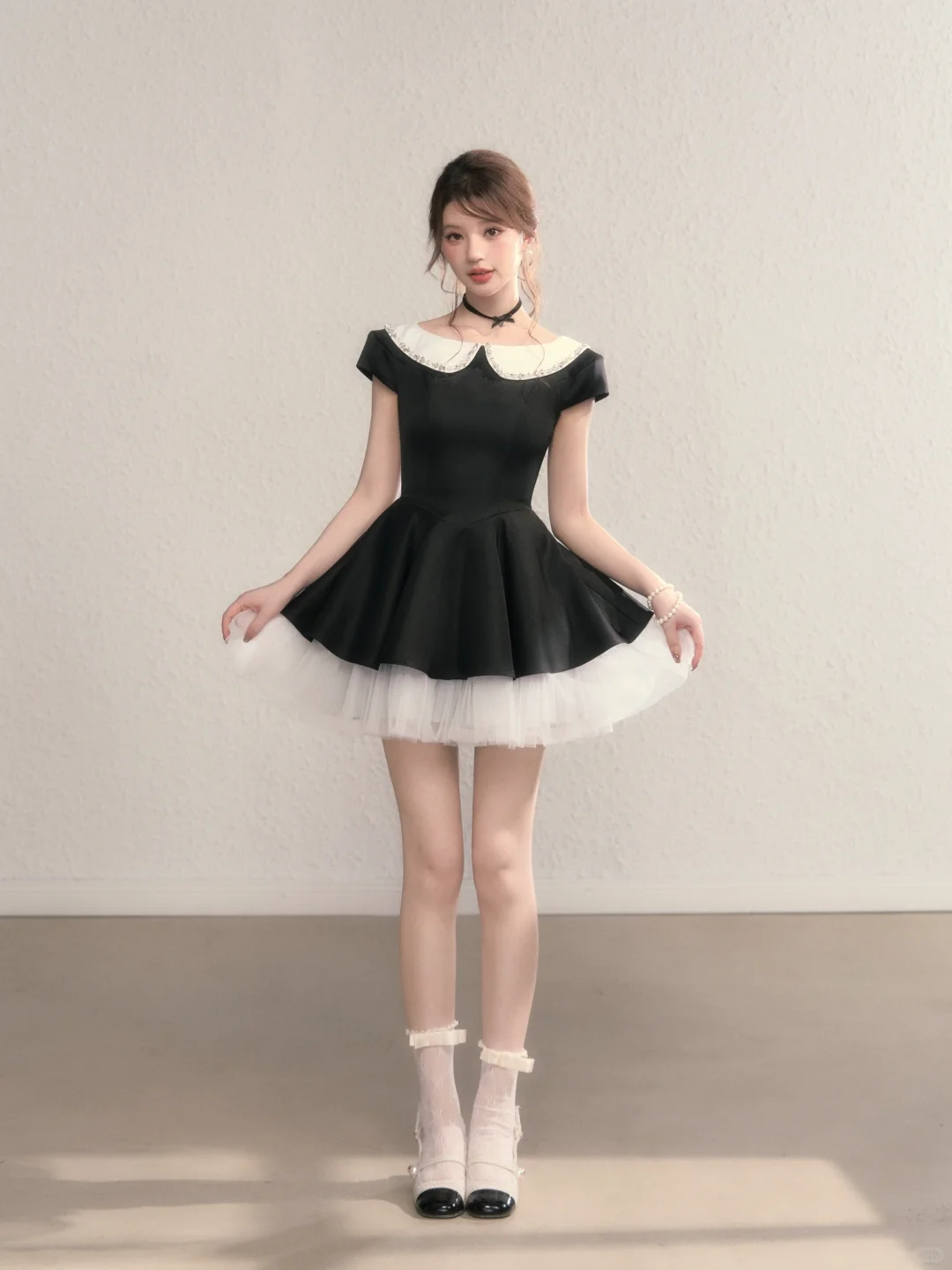 Black baby doll collar waist slim A-line short skirt homecoming dress R5401