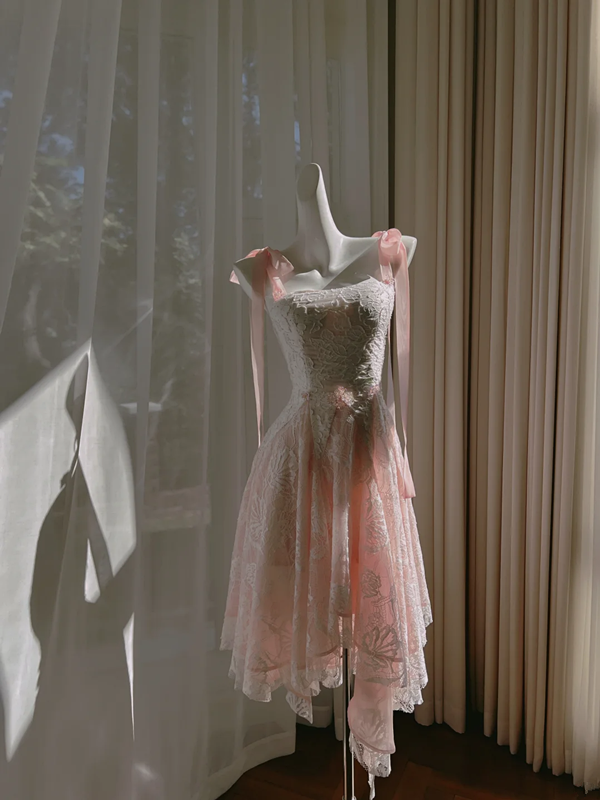 Pink suspender lace design waist slim irregular skirt mid-length skirt homecoming dress R5041