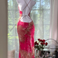 Pink halter-neck fitted bodycon long ball gown R6532
