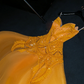Mustard yellow halter-neck, fitted waist, full skirt, mid-length ball gown, bridal dress R8798