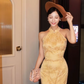 Yellow halter-neck fitted waist classic and elegant ball gown R6412