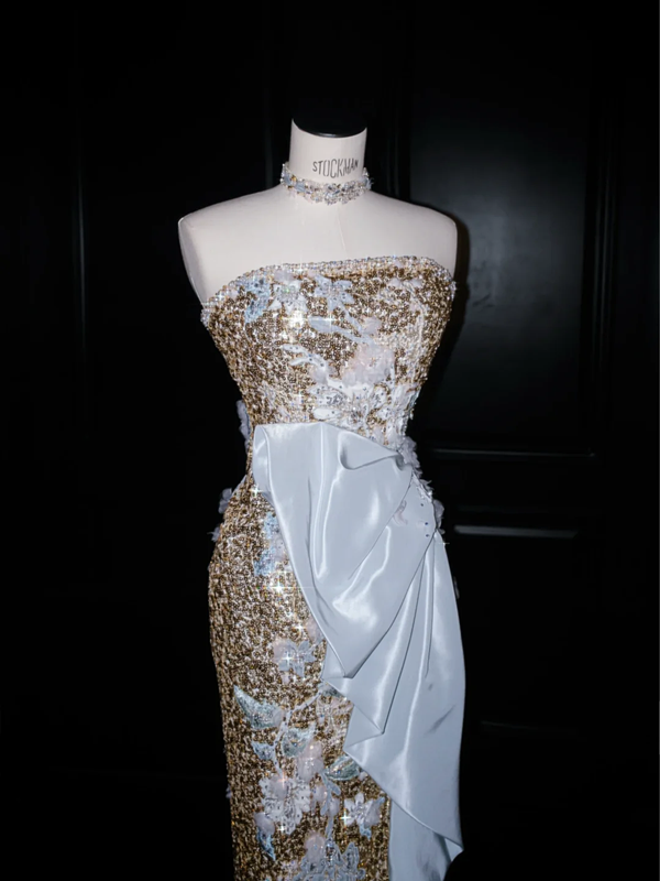 Gold sequined elegant tube top slim waist long dress, prom dress R5657