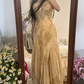 Champagne-colored floral print halter-neck fitted long ball gown R7758