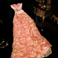 Gold and pink strapless long ball gown with a cinched waist and pleated skirt R6971