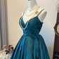 Blue suspender low-cut sexy waist slimming pleated satin skirt homecoming dress R4270