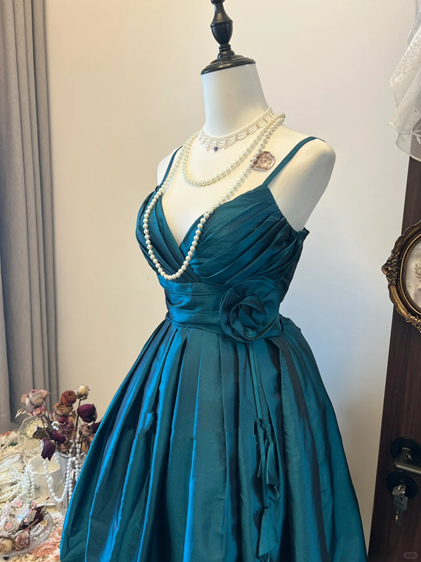 Blue suspender low-cut sexy waist slimming pleated satin skirt homecoming dress R4270