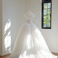 White off-the-shoulder, fitted waist, full skirt, long ball gown, bridal dress R8457