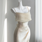 Light champagne-colored halter-neck fitted long ball gown, bridal gown R8858
