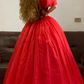 Red Off-the-Shoulder Waist-Cinched Retro Long-Sleeve Elegant Ball Gown, Bridal Gown R7325