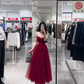 Deep red spaghetti strap waist-cinching elegant long prom dress R7918