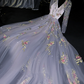 Light gray-blue halter-neck fitted long ball gown with a full skirt R8738