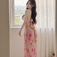 Pink floral print strapless fitted waist long sexy ball gown R7531