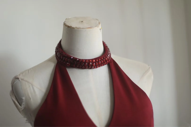 Red halter-neck, fitted waist, bodycon long ball gown R6692