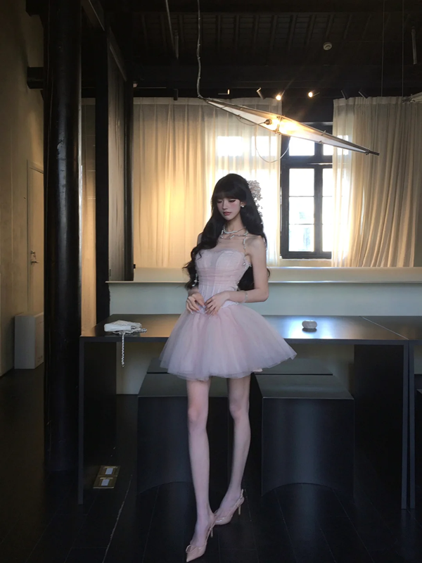 Pink tube top waist sexy puffy princess tulle skirt homecoming dress R5080