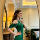 Green halter neck, fitted waist, slimming and sexy long ball gown R8615