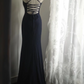 Navy blue halter-neck backless sexy long ball gown R6811