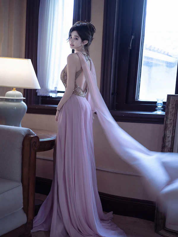 Light Purple Sleeveless Waist-Cinched Fitted High-Slit Sexy Floor-Length Prom Dress R7091