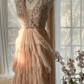 Champagne pink beaded bodice, fitted waist, tiered skirt, short ball gown R7687