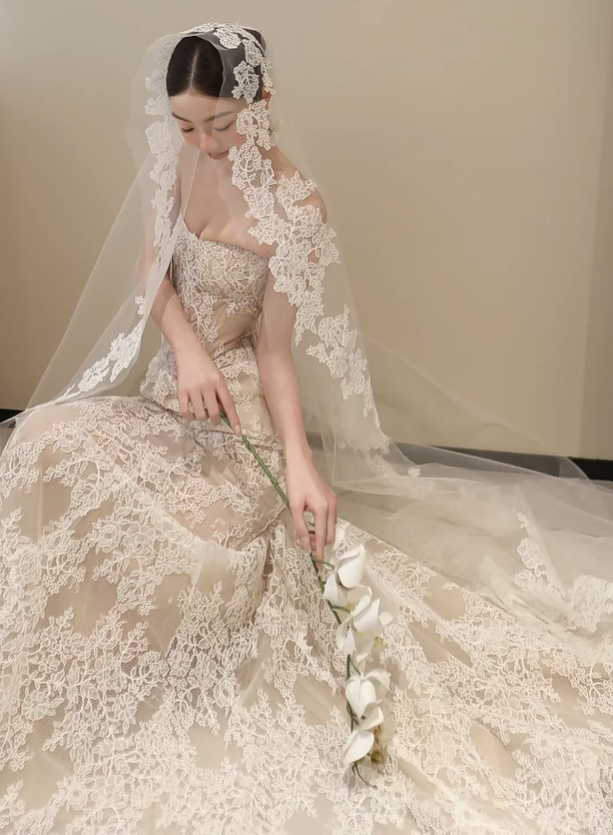 White strapless lace waist slim sexy fishtail long dress bridal gown R6053