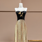 Black strapless, fitted waist, long ball gown with gold trim R8373